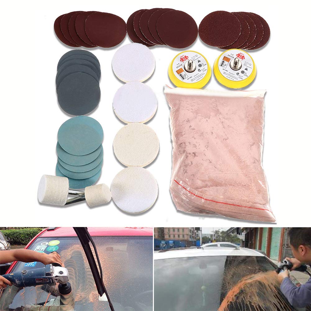 Glass Polishing Kit, 34pcs/Set Glass Scratch Remover, Window Windscreen Scratch Repair Kit with Cerium Oxide Polishing Powder/Polishing Pad/Polishing Wheel