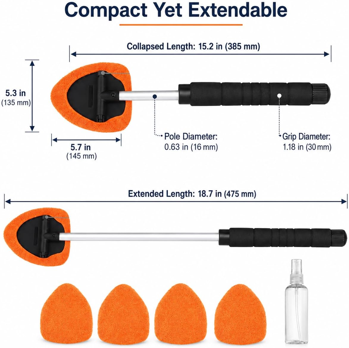Tanwater Car Window Cleaner with Extendable Handle, Microfiber Windshield Cleaning Tool with 5 Reusable Pads and Spray Bottle for Interior Glass, Mirrors and Windows, Orange