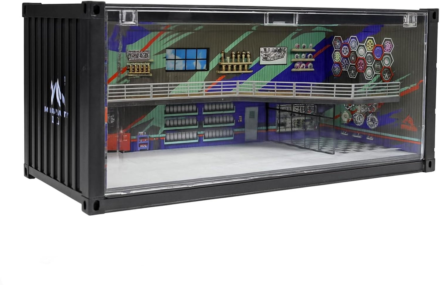 1/64 Scale Display Case with LED Light–Container Box Style Garage Diorama | Compatible with Hot Wheels Matchbox Mini GT Diecast Cars and Storage Stackable, for Model Car and Figures Display
