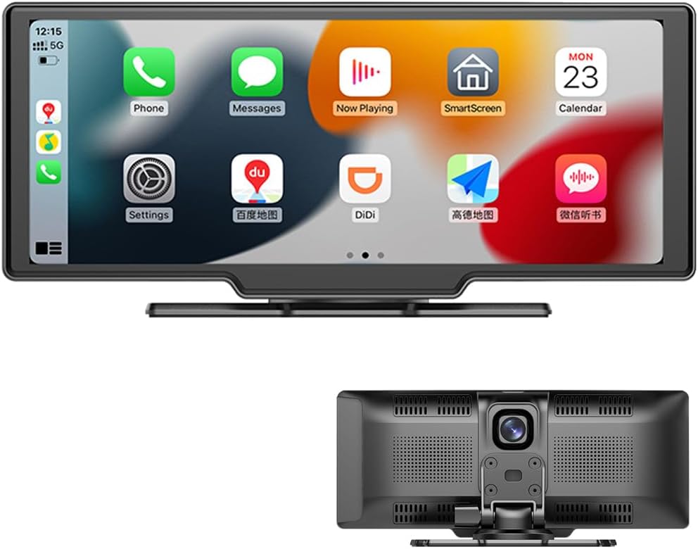 Portable Carplay Screen with Carplay & Android Auto, 10" Touch Screen with 2K Dash Cam, Rear Camera, Mirror Link, FM Transmitter, Split Screen, Bluetooth Car Radio