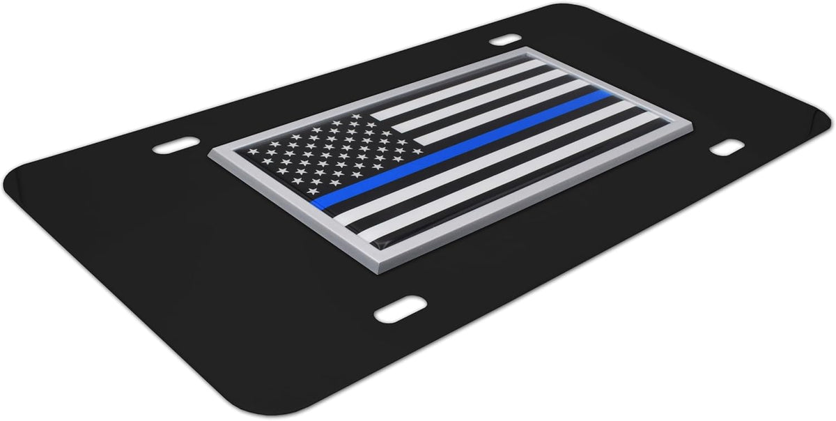 Elektroplate Police Thin Blue Line USA Flag All-Metal Black Decorative Front Plate with 3D Emblem | Weatherproof Automotive Accessory for Cars, SUVs, Trucks (12" x 6")