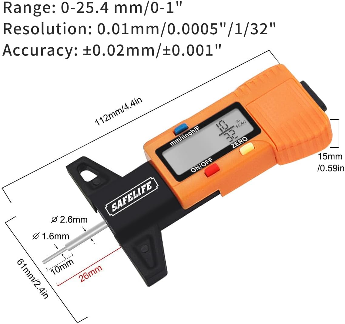 SAFELIFE Digital Tire Tread Depth Gauge, 3 Modes-Fractional Inch, Decimal Inch and Millimeter, Zeroable Tire Tread Depth Gauge for Motorcycles,Cars,Trucks Accurate Tyre Tread Depth Gauge-Orange
