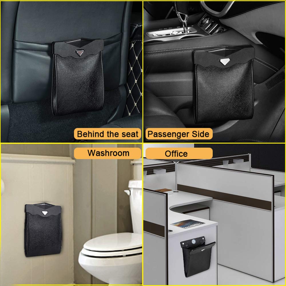 Smart LED Car Trash Can Waterproof Garbage Bag Passenger Side Artificial Leather Storage Pocket Leak Proof Reusable Traveling Portable Offices Toilet Garbage Cans Back Seat Hanging (Beige-1pack)