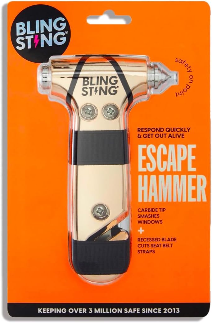BLINGSTING Safety Hammer - Emergency Automotive Escape Tool with Window Breaker, Seat Belt Cutter & Adjustable Car Visor Strap - Tempered Glass Breaker - Steel Blade - Rose Gold (1 Count)