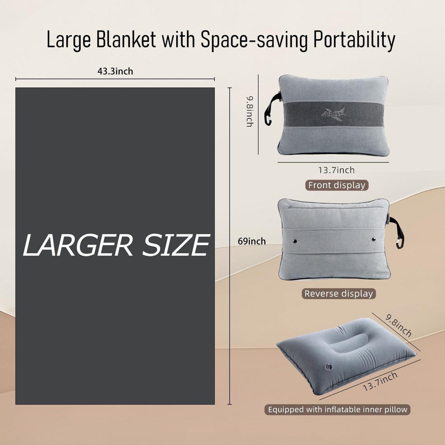 Melissa Large Soft Travel Blanket and Inflatable Pillow Set | Size-69“ x 43.3”, Carry Bag – Lightweight, Compact & Washable for Backpacking, Hiking, Airplane, Car, Office, Camping (Gray)
