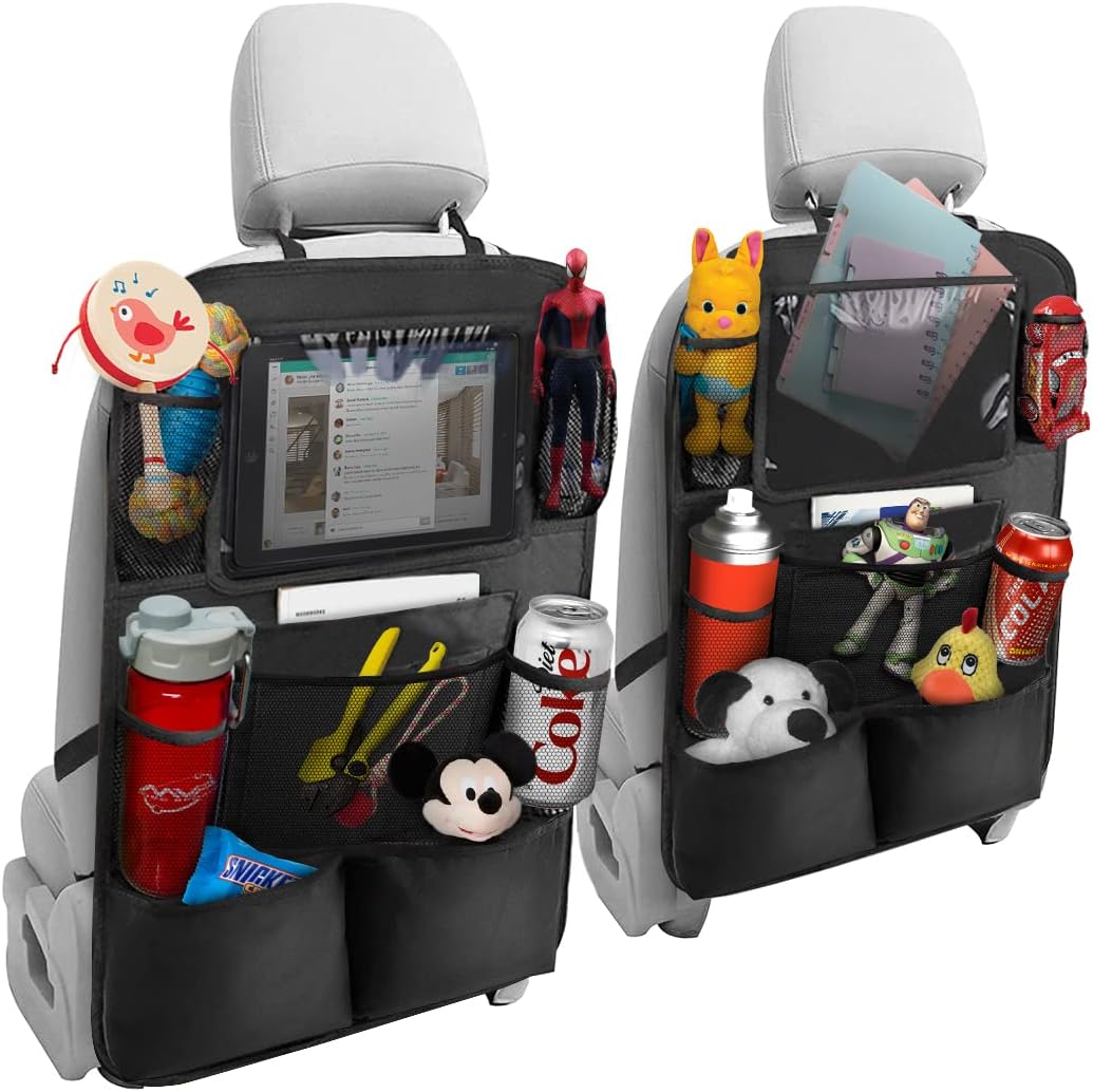 Black Oxford Fabric Car Backseat Storage Caddy, 25 x 19 Inches, 9 Compartments, 11 Inch iPad Holder