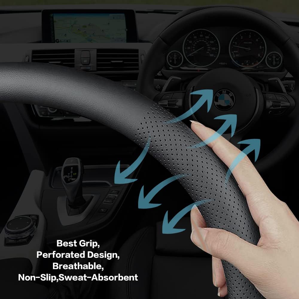Car Steering Wheel Cover,Universal 15 Inch Premium Leather Car Steering Wheel Cover,Best Grip,Perforated Design,Breathable,Non-Slip,Sweat-Absorbent,Warm in Winter and Cool in Summer (Black)