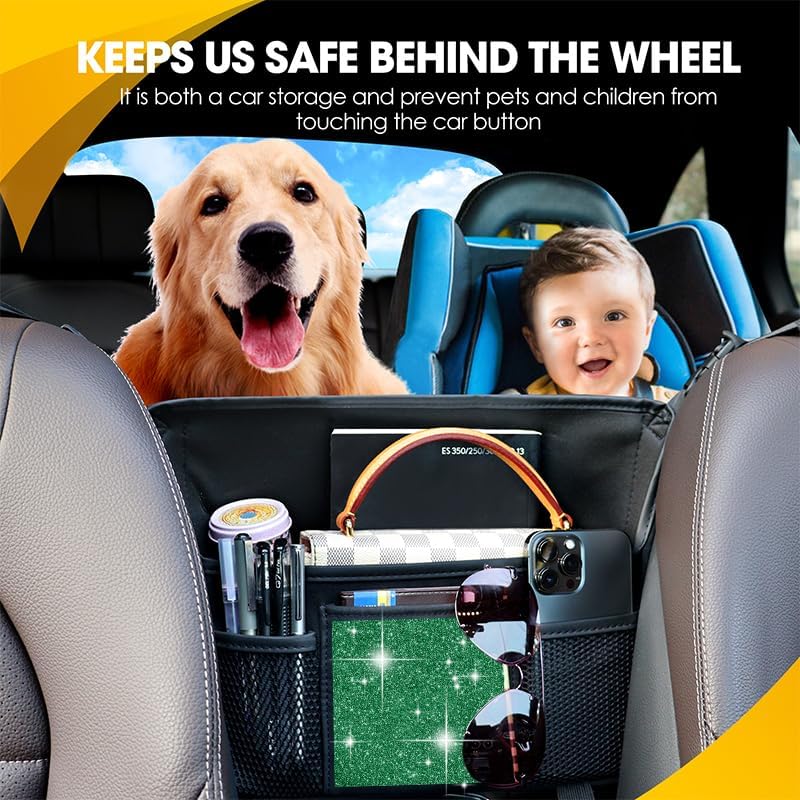 Green Diamond Car Handbag Holder Between Seats Bling Rhinestone Car Storage Bag Large Capacity Purse Phone Automotive Consoles Organizer Safe Barrier of Backseat Pet Kids