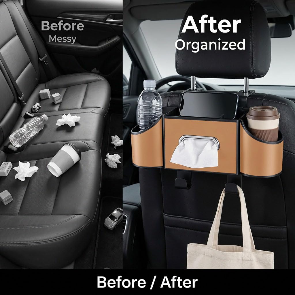 Back Seat Car Organizer, Nappa Leather Car Seat Organizer with Cup Holders and Tissue Box, Premium Hanging Storage Bag for SUV Truck Road Trip (Light Brown)