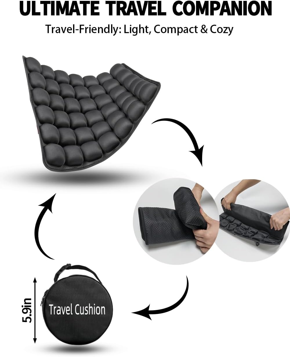 Soundur Travel Cushion Airplane Seat,Inflatable Air Bubble Design with Storage Bag for Car/Office/Kitchen Chairs.42 Air Cells, Adjustable Firmness, Non-Slip Bottom