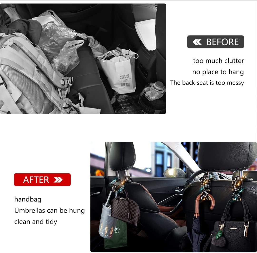 4 Pcs Bling Car Seat Hooks for Purses and Bags, Leopard Print Headrest Hooks with Bling Car Accessories