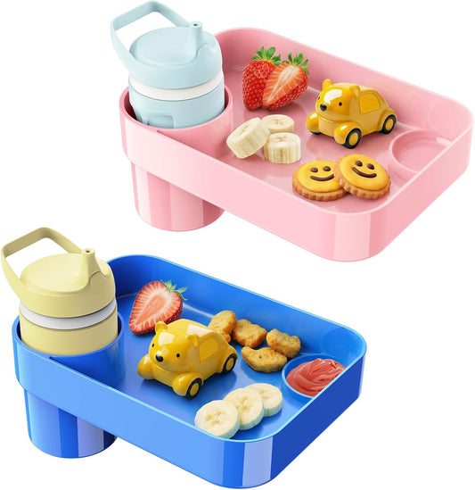 [Pink+Blue] Car Seat Snack Tray for Toddlers - 3 Inch Cup Holder Fits Most Sippy Cups & Straw Bottles with Dip Well, Mess-Free Square Kids Travel Tray Road Trip Essentials, Blue & Pink