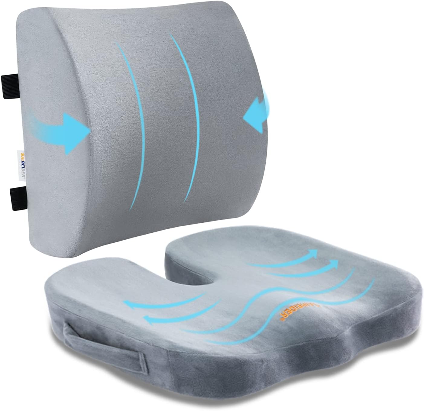 SAIREIDER Seat Cushion and Lumbar Support Pillow for Office Chair, Memory Foam Car Seat Cushions Back Support Pillows, Help Relieve Pain of Back, Lumbar, Tailbone and Sciatic Nerve（Black）