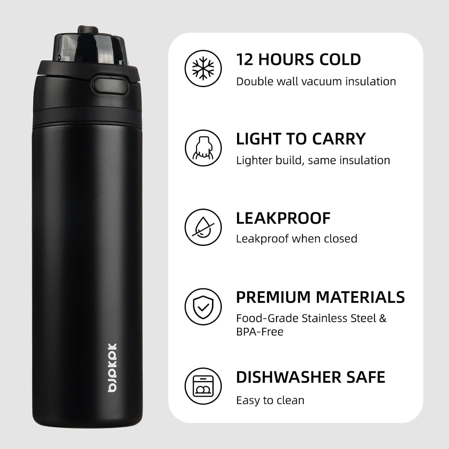 BJPKPK 25oz Insulated Water Bottle with 2-1 Straw Spout Lid, Stainless Steel Metal Water Bottles with Carry Handle, BPA Free, Leak-Proof, Fits in Car Cup Holder, Thermo for Sports,Black