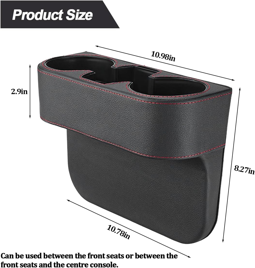 Car Gap Filler Organizer, Multifunctional Leather Console Side Crevice Blocker Storage Box with Cup Holder, Auto Seat Gap Stopper Organizer for Keys, Phones, Glasses, Universal Fit (Black)