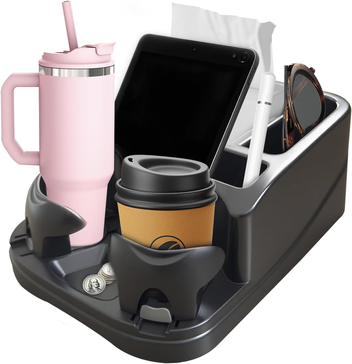 Car Center Console with Adjustable Cup Holders, Universal Center Console Organizer for Truck, Cars, Minivans, Suvs, Truck Floor Console, Bench Seat Center Console (Black)
