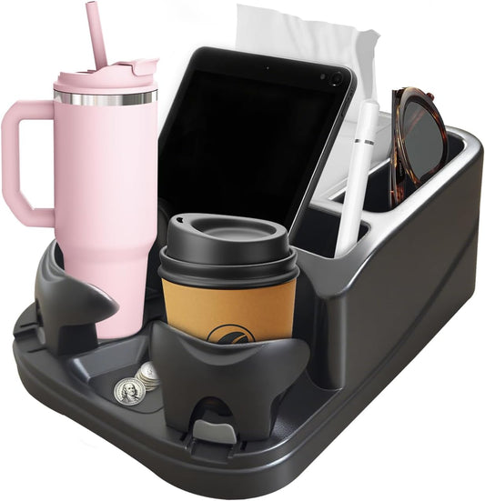 Car Center Console with Adjustable Cup Holders, Universal Center Console Organizer for Truck, Cars, Minivans, Suvs, Truck Floor Console, Bench Seat Center Console (Black)