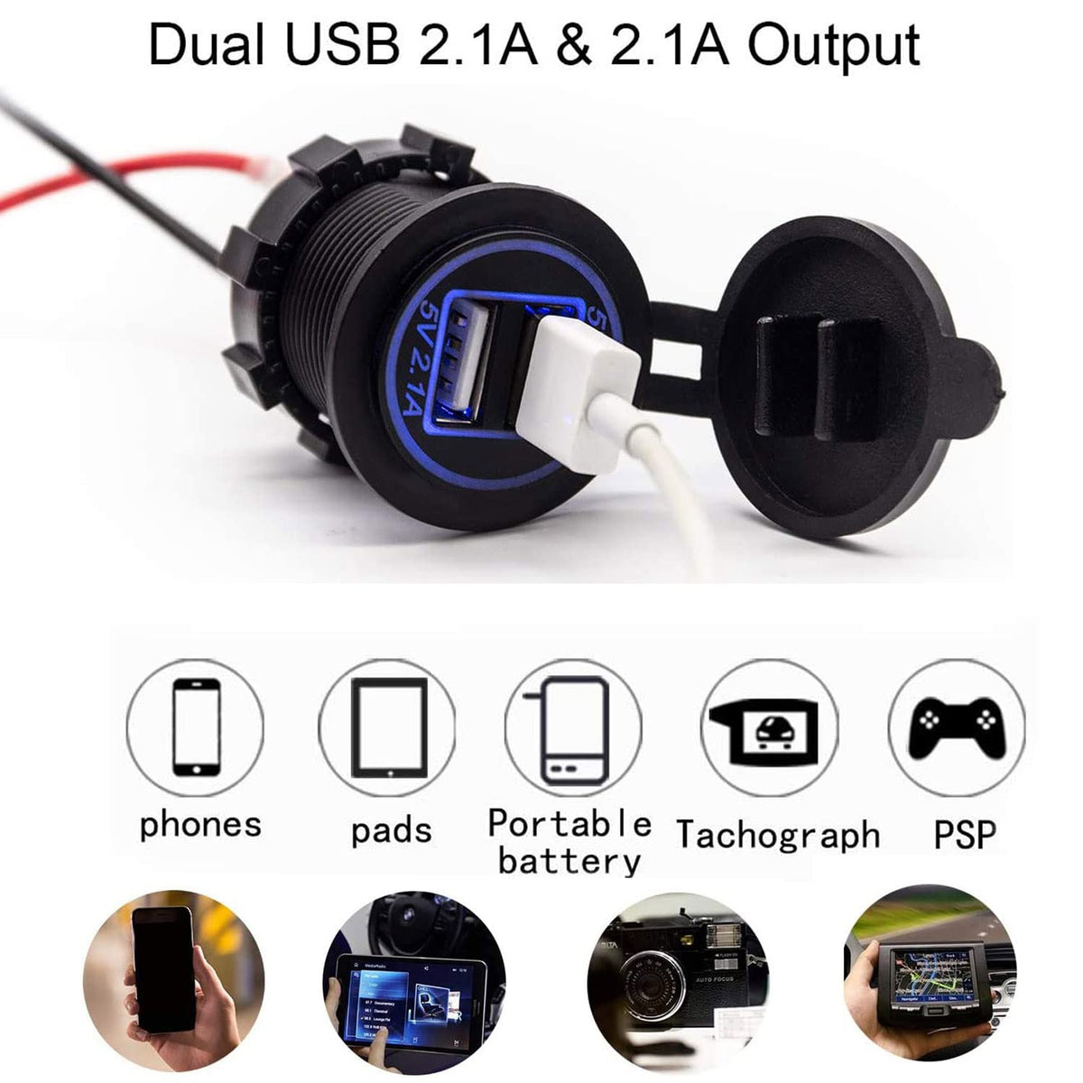 12V USB Outlet, Dual 2.1A Quick Charger Socket Waterproof for Car Boat