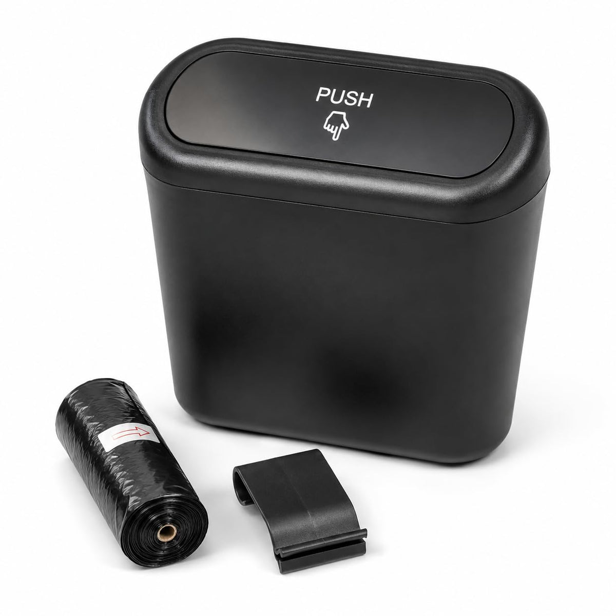 Car Trash Bin with Clip & Bags, Push Lid, Black, 1-Pack