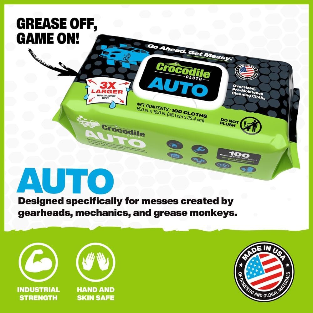 Crocodile Cloth Auto Cleaning Wipes – 100 XL (15" x 10") Disposable Wipes for Car Engine Degreasing, Body Detailing & Tire Cleaning – Cuts Grease, Oil, Adhesives on Hands, Tools, Parts & More