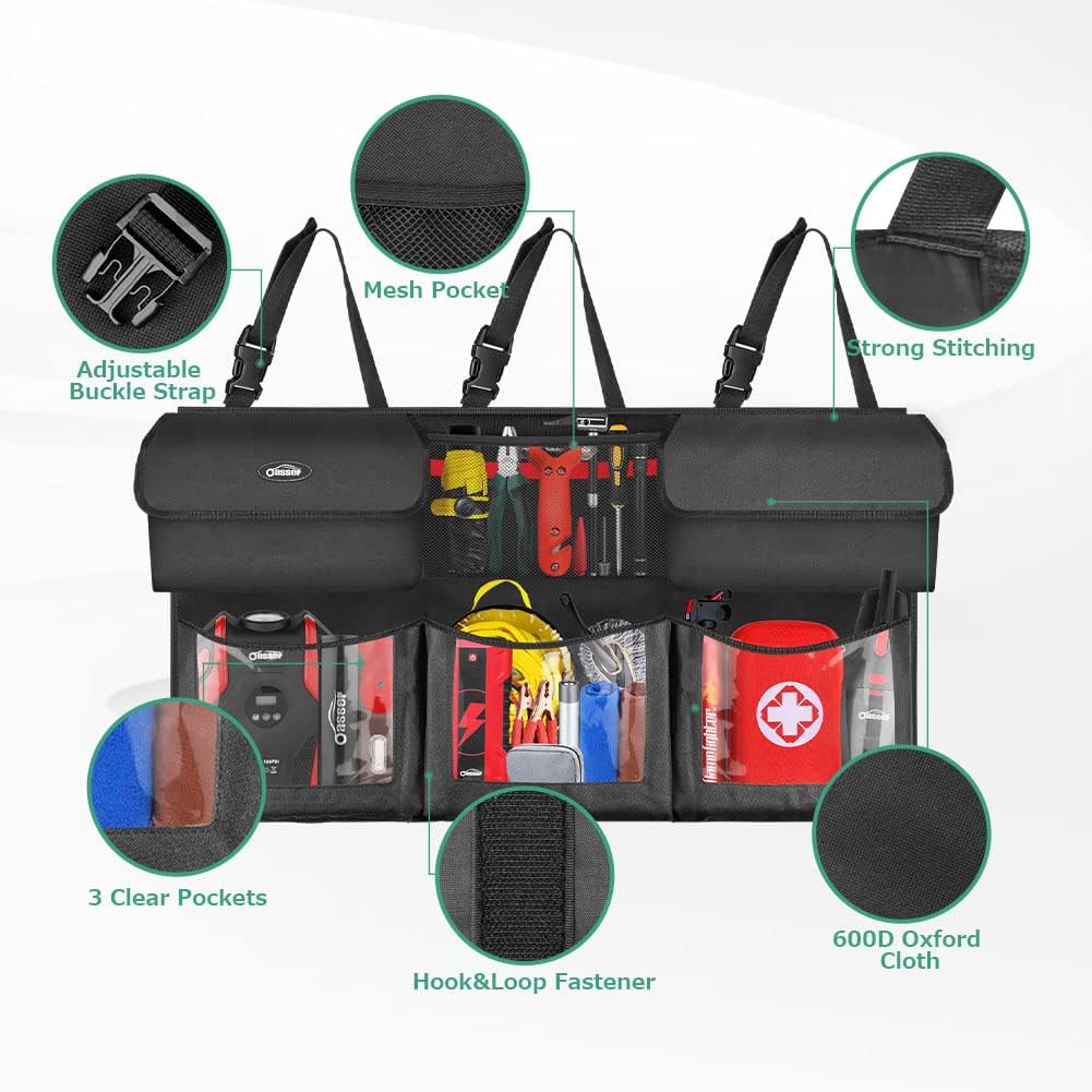 Oasser Back Seat Trunk Organizer Hanging Car Organizer Foldable Cargo Storage with 6 Large Pockets 3 Adjustable Straps 40x19inch