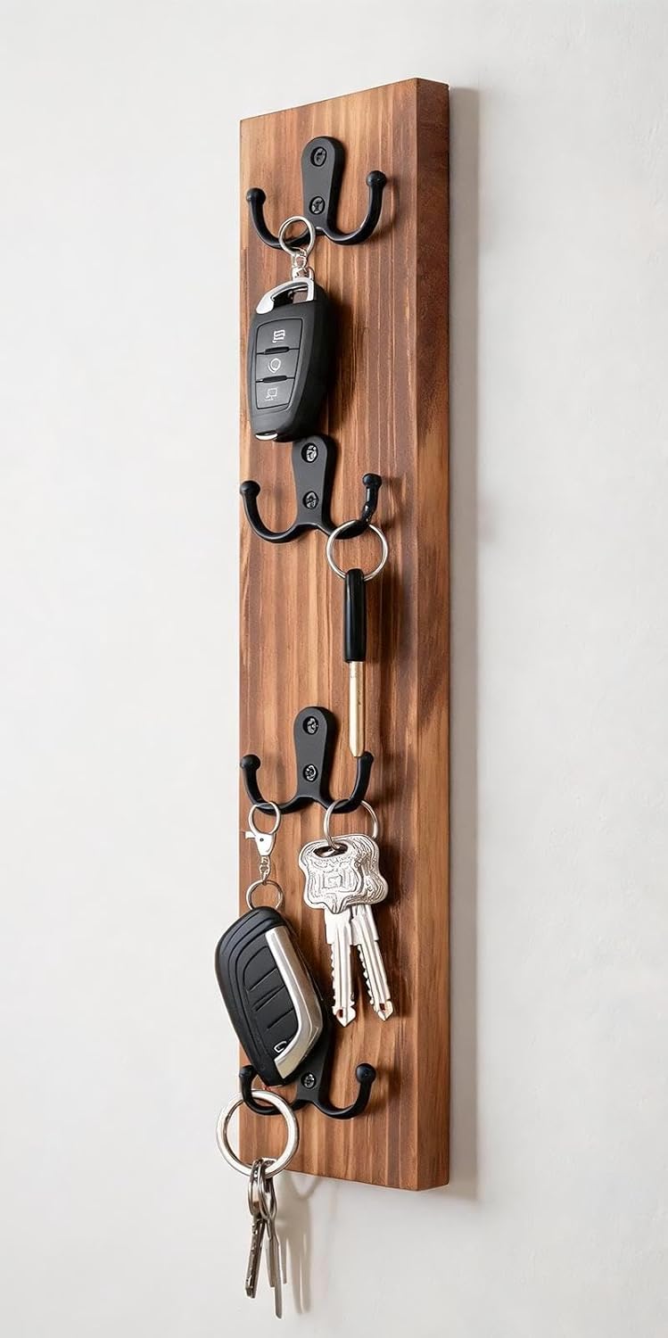 Yohsnor Vertical Key Holder for Wall - Mounted Wooden Key Rack Organizer with Hooks for Home Entryway, Laundry Room & Garage - Perfect Space-Saving Storage Solution for Keys, Wallets & Pet Leashes