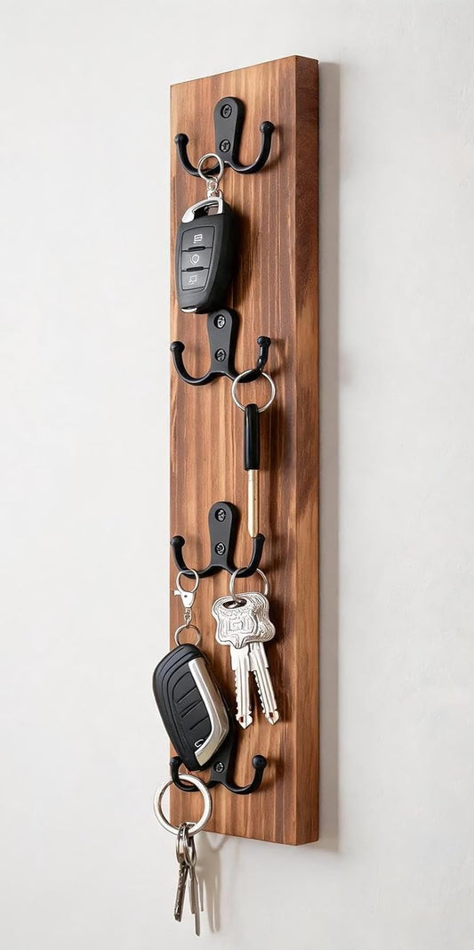 Yohsnor Vertical Key Holder for Wall - Mounted Wooden Key Rack Organizer with Hooks for Home Entryway, Laundry Room & Garage - Perfect Space-Saving Storage Solution for Keys, Wallets & Pet Leashes