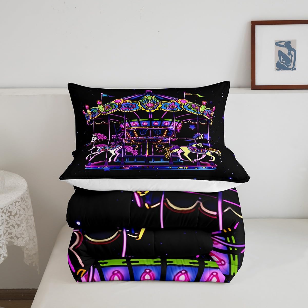 Amusement Park Circus Theme Bedding Set Full Size,Kids Carousel Comforter Set Girls Boys Teens Room Decor Cartoon Animals Horse Print Quilt Set Romantic Dreamy Black Purple Duvet Insert,2 Pillowcases