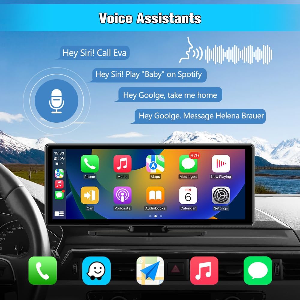 10.26" Carplay Screen for Car Portable, Carplay & Android Auto Car Stereo, Touchscreen GPS Navigation 4K Dash Cam/1080P Backup Camera/Mirror Link/Bluetooth/Voice Control