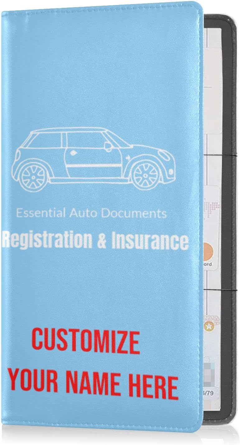 Custom Car Registration and Insurance Card Holder Personalized Leather Glove Box Organize Men Women Wallet Accessories Case for Cards, Essential Document Driver License Light Blue