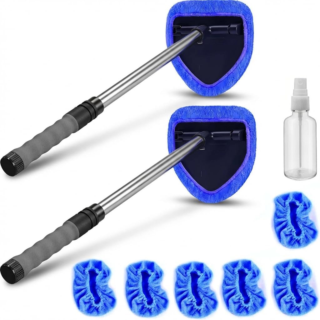Car Windshield Cleaner Tool (2-Pack) with Extendable Handle, Inside Auto Window Glass Cleaning Kit with 8 Washable Microfiber Pads & Spray Bottle, Streak-Free Defogger Wand for Deep Dashboards