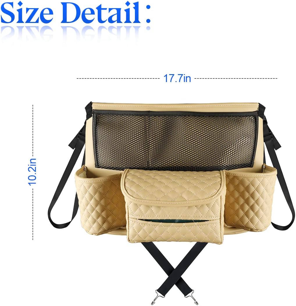 XINLIYA Car Handbag Holder Between Seats, PU Leather Multi-Pocket Large Capacity Purse Holder, Auto Net Bag Barrier of Backseat Pet Kids, Car Seat Organizers and Storage for Cargo Tissue Cup（Beige）