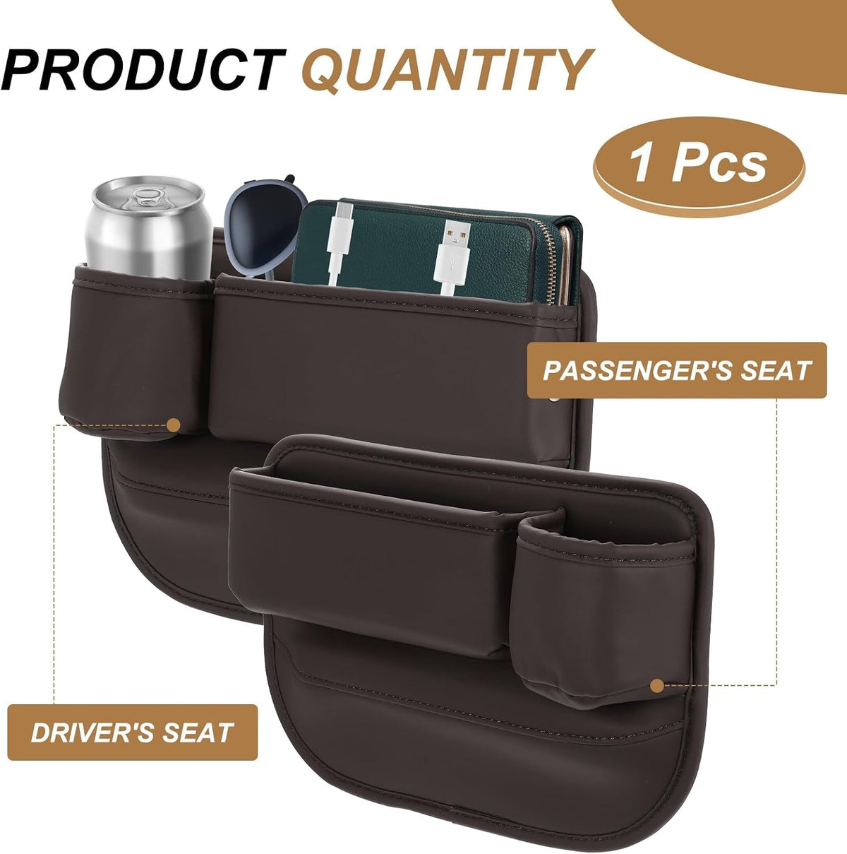 HARFINGTON Car Seat Gap Filler Organizer 11.8 x 8.3 x 2.2 Inch PU Universal Car Organizer Storage Box Between Seat and Console (Left) with Cup Holders for Phone Sunglasses Keys, Brown