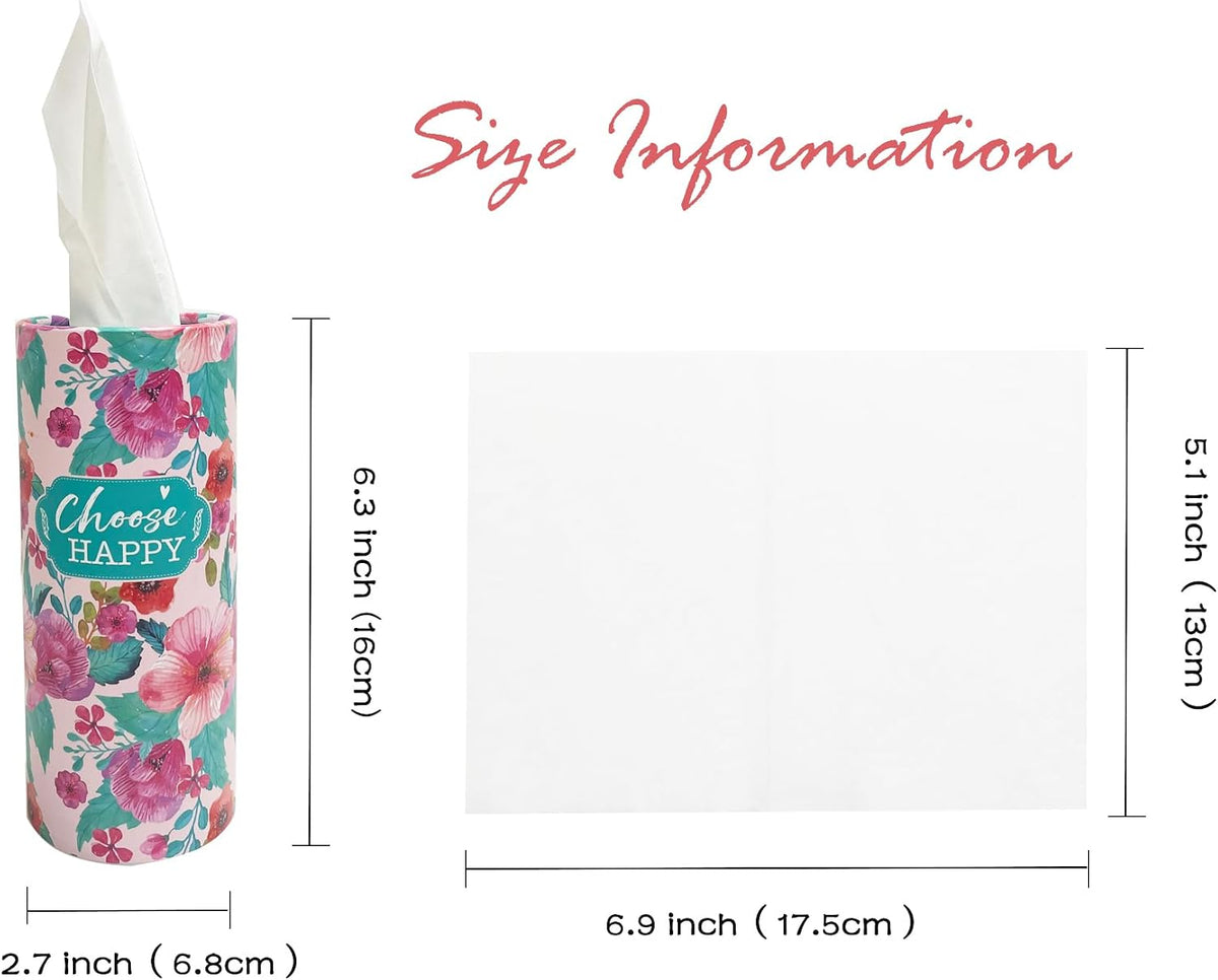5-Pack Car Tissue Holder (4PK + 1 Lucky Color PK),Car Tissues Cylinder, Cute Floral Design & Positive Quotes | Compact, Super Absorbent 3-Ply Tissues for Car Cup Holders