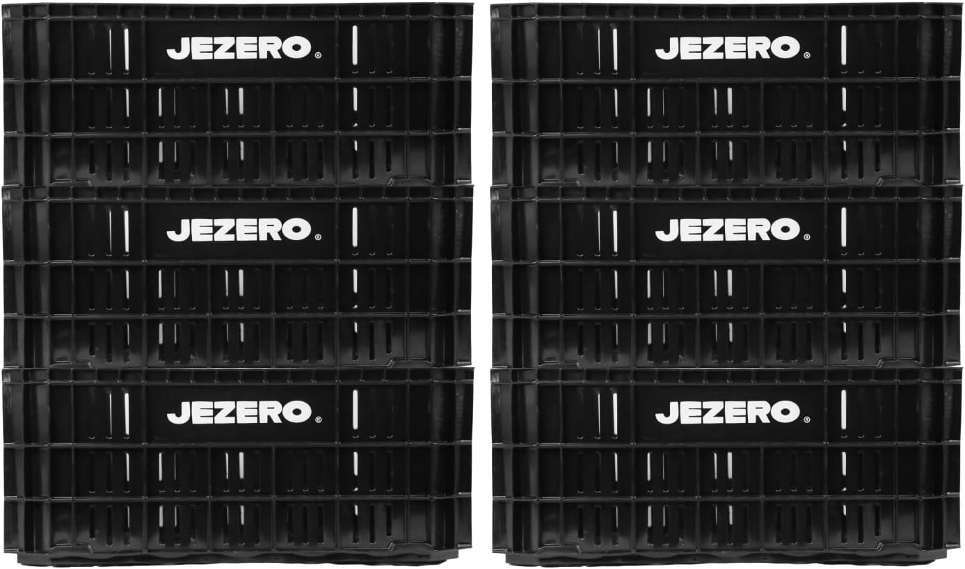 JEZERO Black 6-Pack Harvest Storage Crate – Stackable Plastic Tote Box for Fruit & Vegetables, Kitchen, Pantry, Closet, Car & Outdoor Use | Open Utility Bin, 20" x 12" x8"
