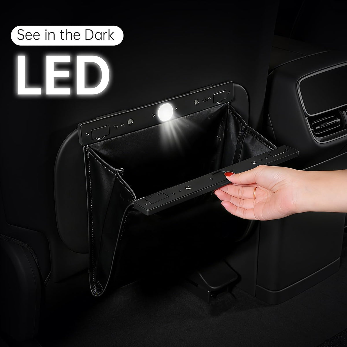 Leather Car Trash Can with Smart LED Light & Magnetic Closure