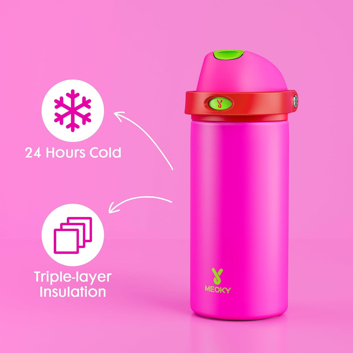 18 oz Insulated Water Bottle for Kids: Meoky Stainless Steel Water Bottle with 2-in-1 Straw and Spout Lid - Leak Proof, Cold for 24 Hours, BPA-Free for Girls School Backpacks, All the Berries