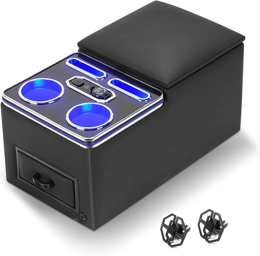Center Console Organizer, Bench Seat Center Console with Fast Phone Charging & Cup Holders, Automotive Center Storage Box Upgraded 7-Color Adjustable LED Lighting for Car Minivan Van Truck