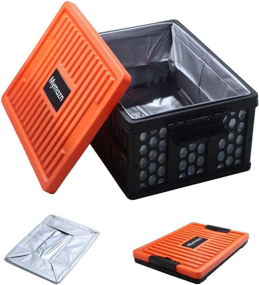 Mymazn Trunk Organizer Plastic for Car, Orange | Collapsible Crate Storage, With Lid, Waterproof Bag, Optional Insulated Cooler, For SUV, Groceries, Camping