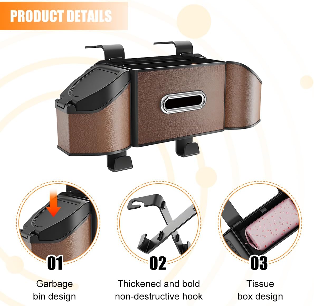 HZEL Car Seat Back Organizer, 7 in 1 Vehicle Backseat Storage Box with Cup Holder Tissue Box Trash Bin & Hooks, Multifunctional Auto Interior Headrest Organizer, Universal for SUV RV Truck (Brown)