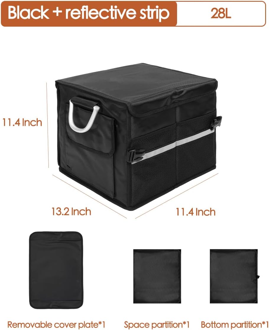 Small Trunk Organizer With Lid, For SUV Car Truck, Black 28L, Foldable Waterproof Oxford Fabric, 2-Compartments With Aluminium Alloy Handle