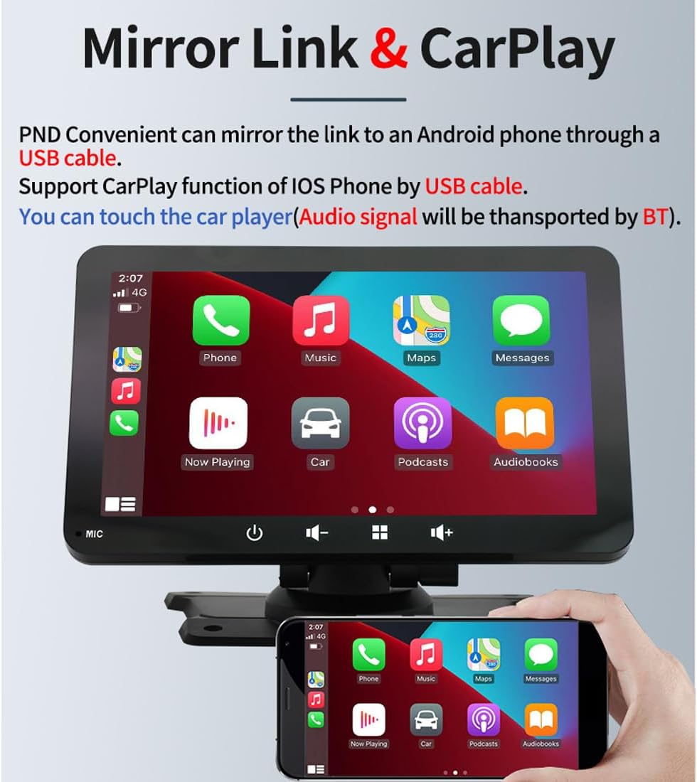 Eaglerich Portable Wireless Carplay & Android Auto Screen for Car, 7" HD Touch Car Stereo with Mirror Link, Bluetooth 5.0, FM Transmitter, AUX, USB/TF Card, Fits Most Vehicles