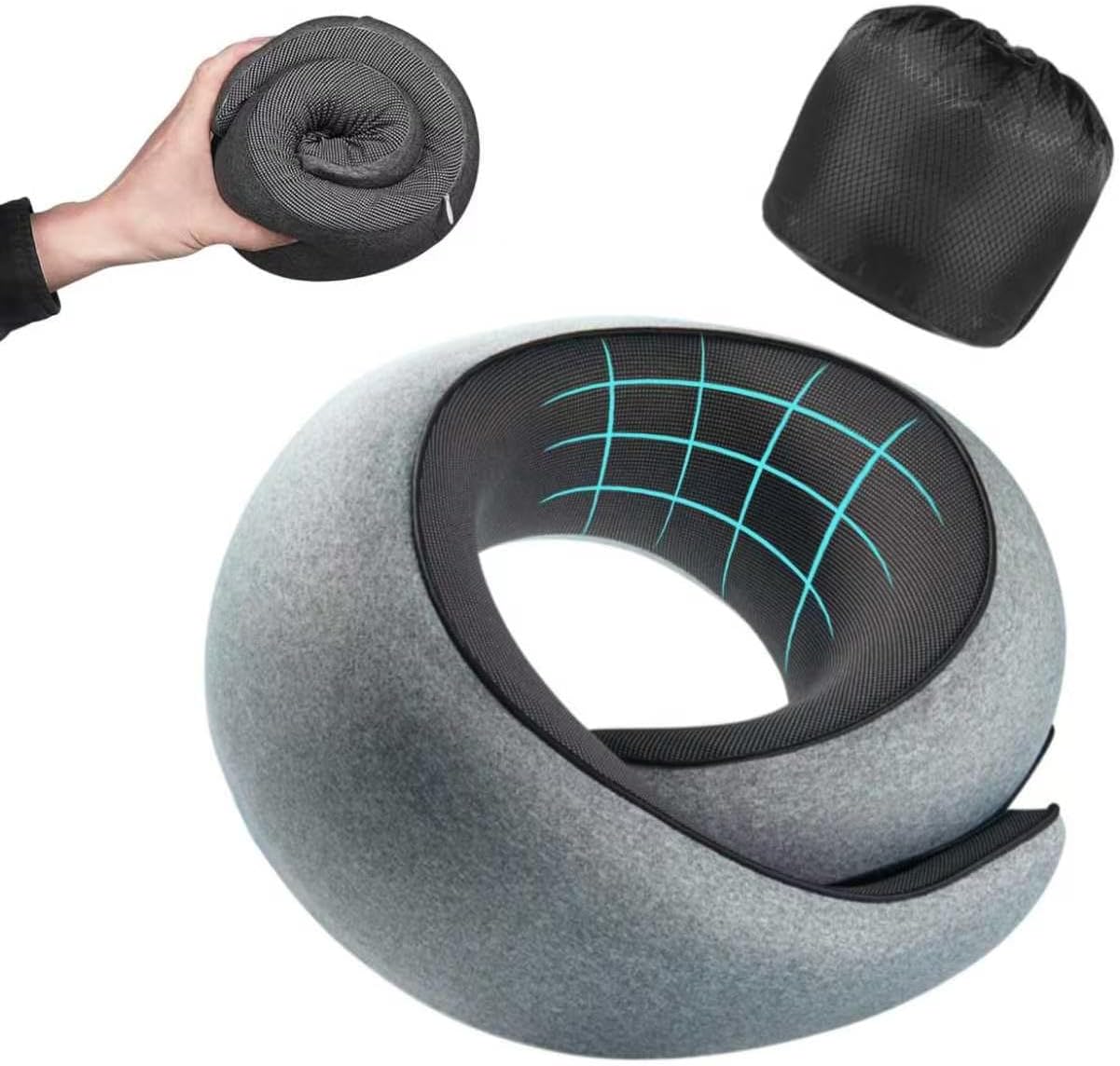 Travel Neck Pillow for Airplanes, Memory Foam Neck Pillow with Ergonomic 360° Support, Compact Design for Plane, Car & Office Travel Essentials, Gray