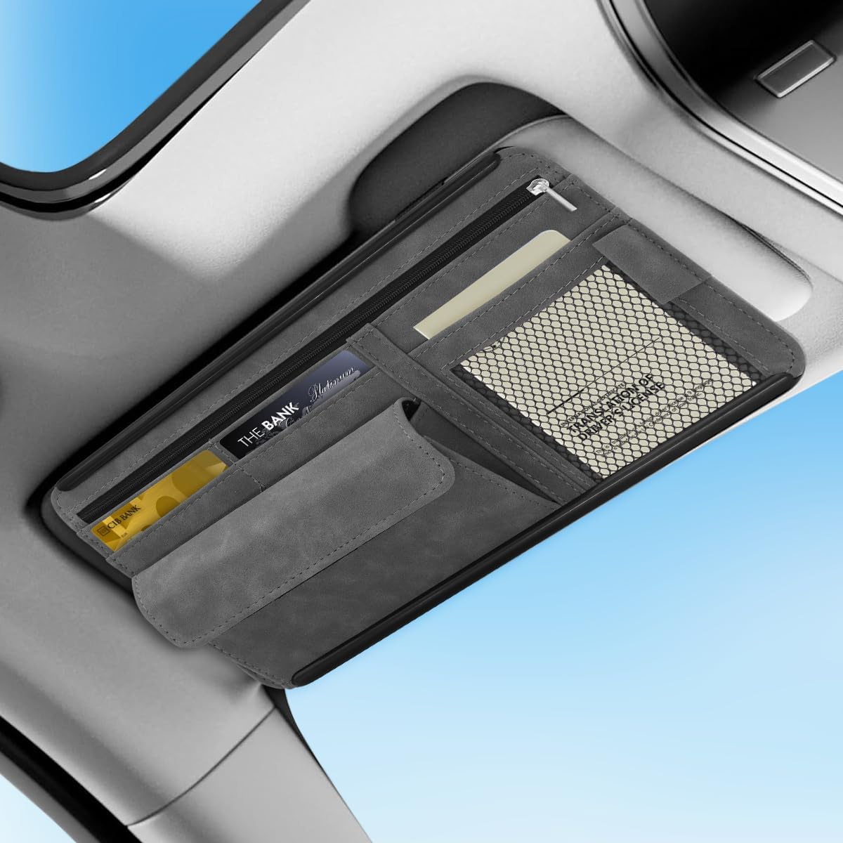 Sun Visor Organizer, Multi-Pocket Auto Visor Organizer for Car, SUV and Truck, Card Holder Glasses Holder for Car Interior Accessories Car Organizers And Storage, Gray