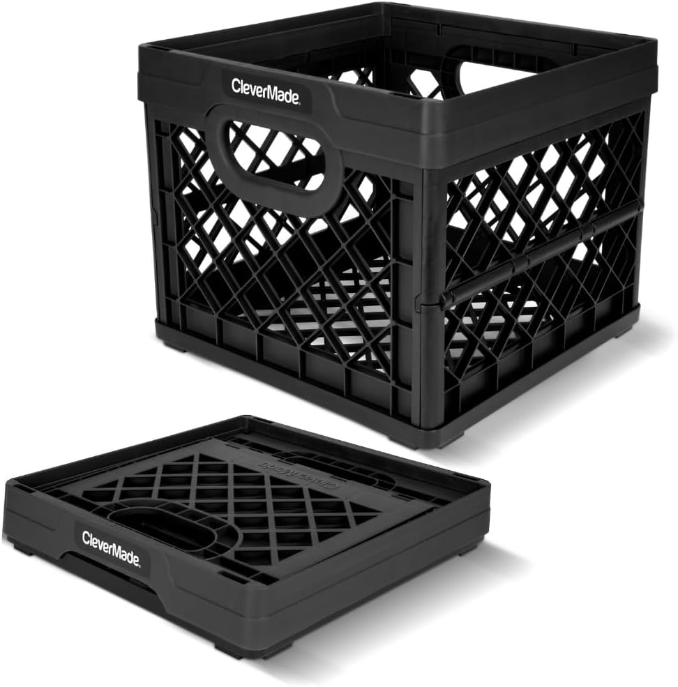 CleverMade Collapsible Milk Crate 25L (6.6 Gal), 50 lb Capacity Heavy Duty Folding Crate – Stackable Storage Crates with File Rails, Plastic Collapsible Crates - Obsidian