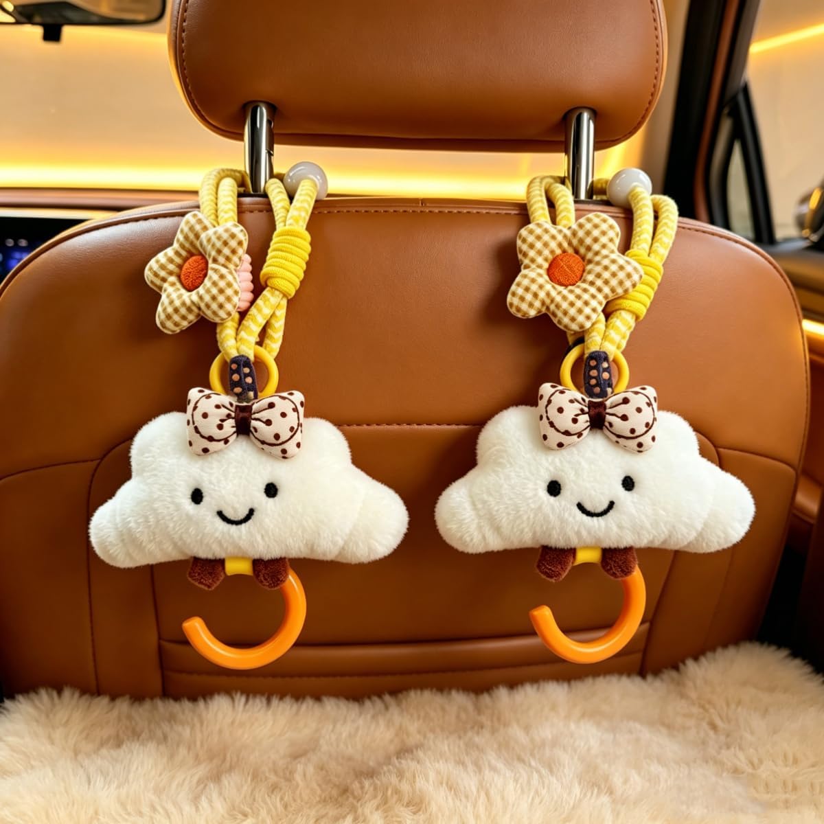 2 Pack Cute Car Headrest Hooks 360° Rotating Adjustable Length, Seat Decorative Hanger for Handbags Shopping Bags(Bow Cloud)