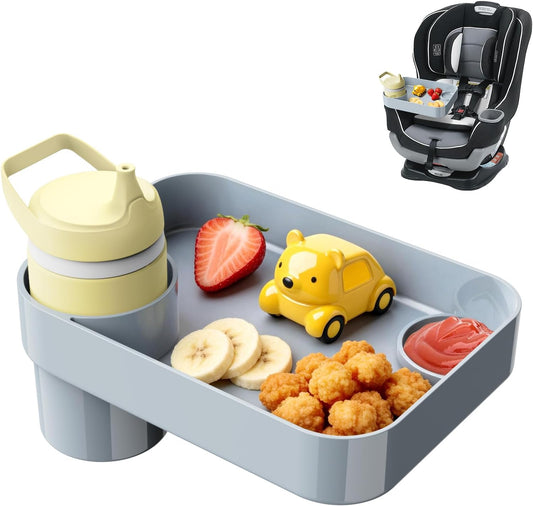 Car Seat Snack Tray for Toddlers - 3 Inch Cup Holder Fits Most Sippy Cups & Straw Bottles with Dip Well, Mess-Free Square Kids Travel Tray Road Trip Essentials, Grey