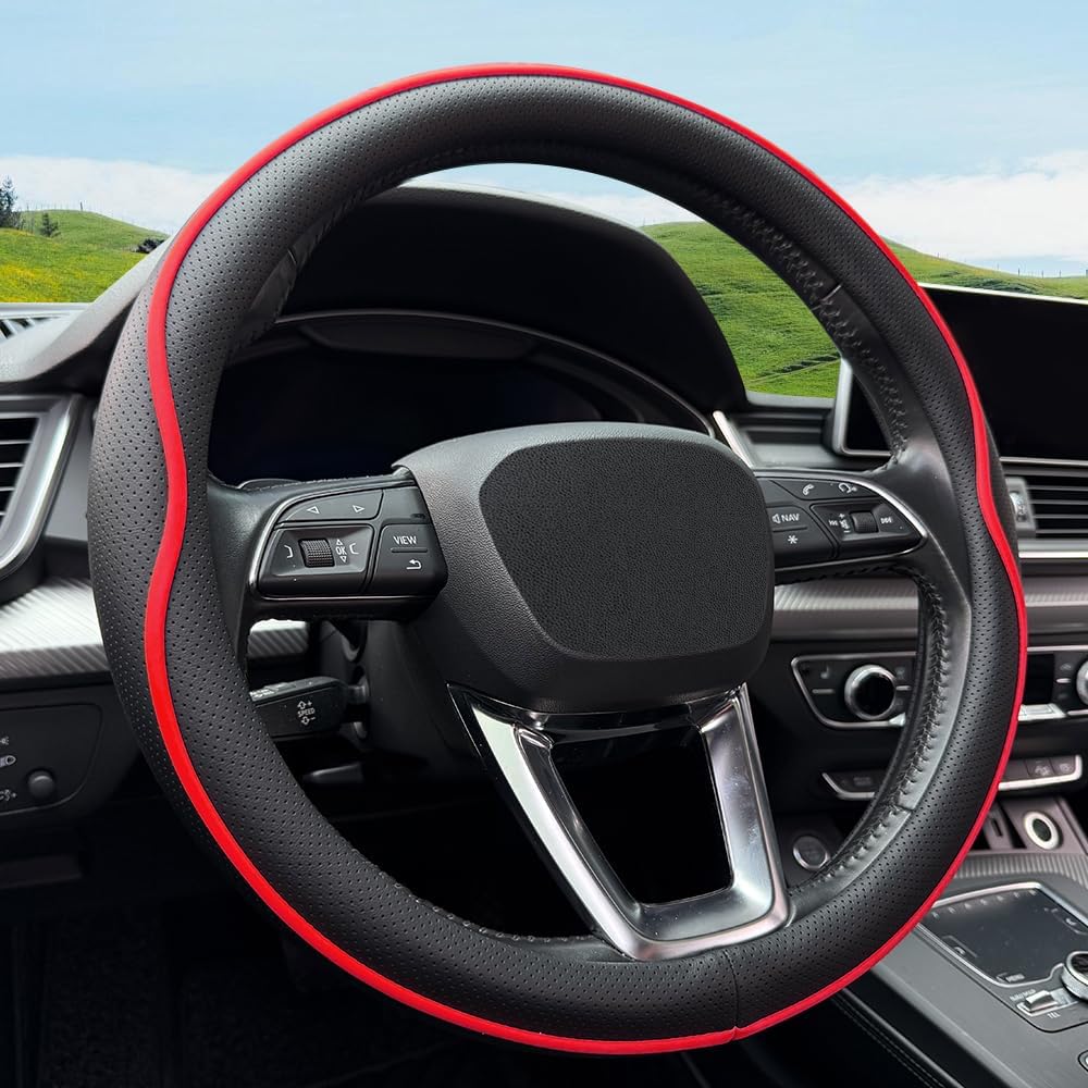 HAOTULE Leather Steering Wheel Cover， with Anti-Slip Stripe Design - Enhanced Grip, Fashion Style, Safe, Non-Slip, Breathable. Upgrade car Interior，Black Blue