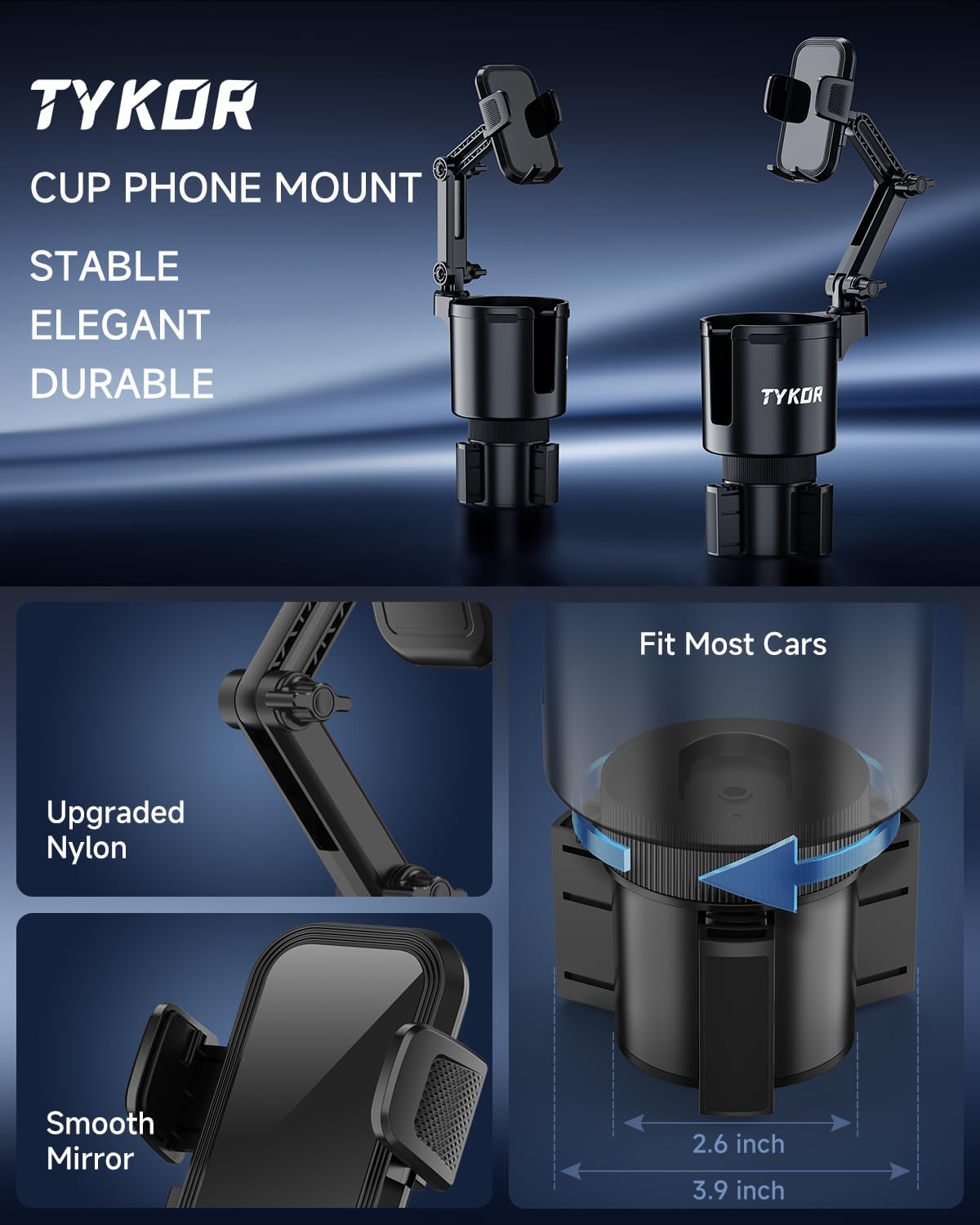 TYKOR Cup Holder Phone Holder for Your Car, 2 in 1 Cup Holder Phone Mount