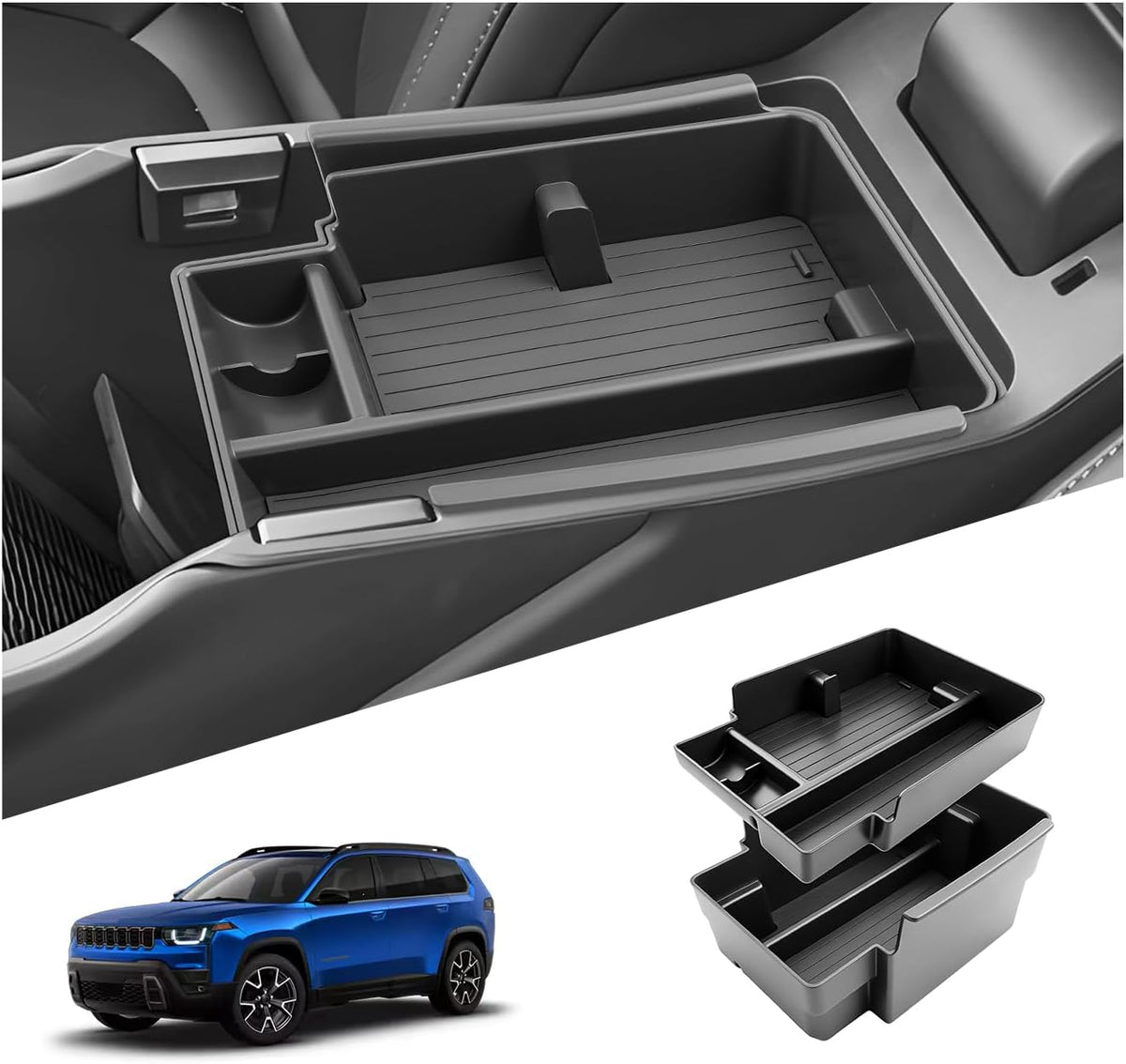 SKTU 2Pack for 2026 Jeep Cherokee Center Console Organizer 2026+ Cherokee (Base/Laredo/Limited/Overland) Double Layers Console Tray Jeep Cherokee 2026 Accessories Tray with Sunglasses and Coin Holder